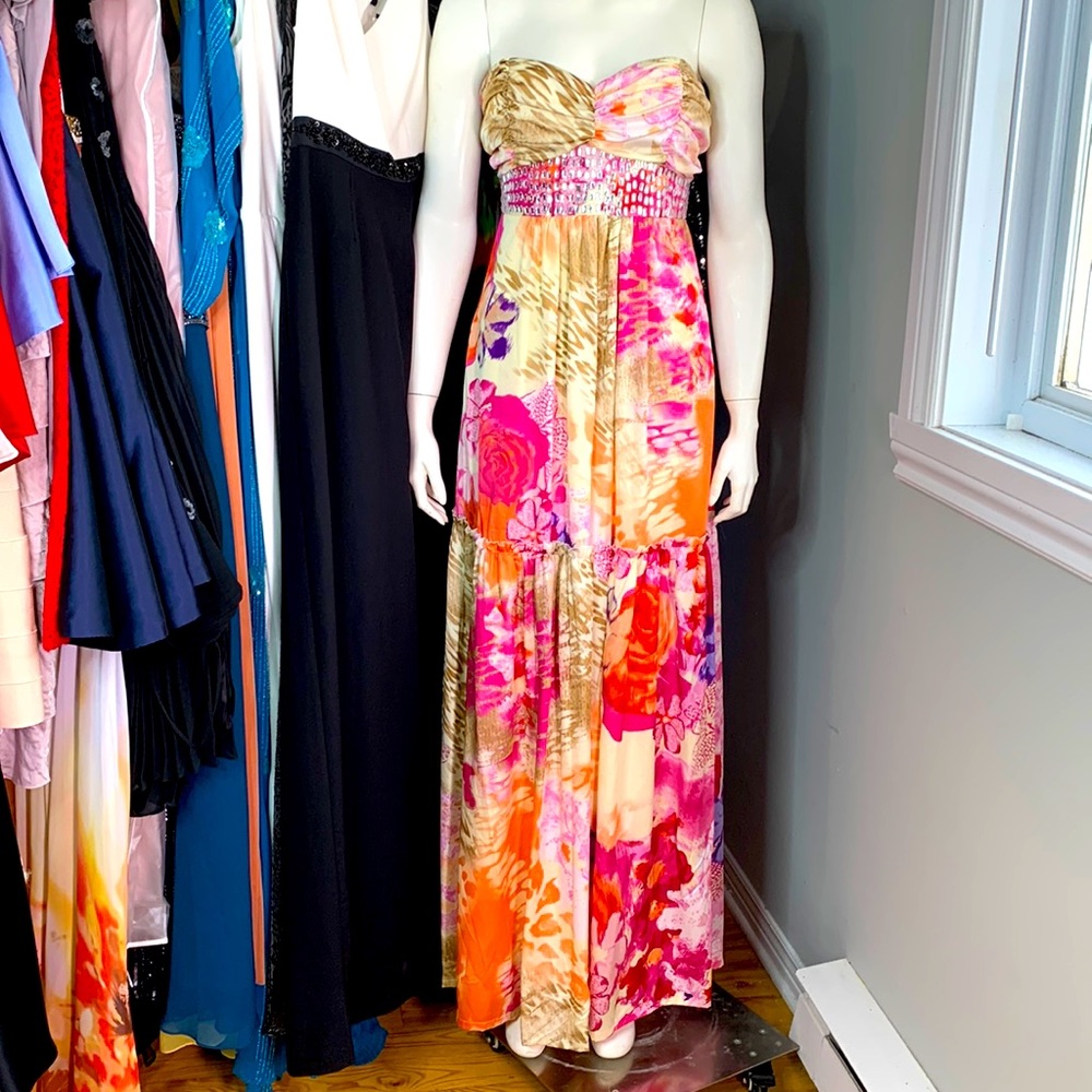Arden B Multicolor Floral Strapless Dress Beaded Maxi Party Vacation X-Large New